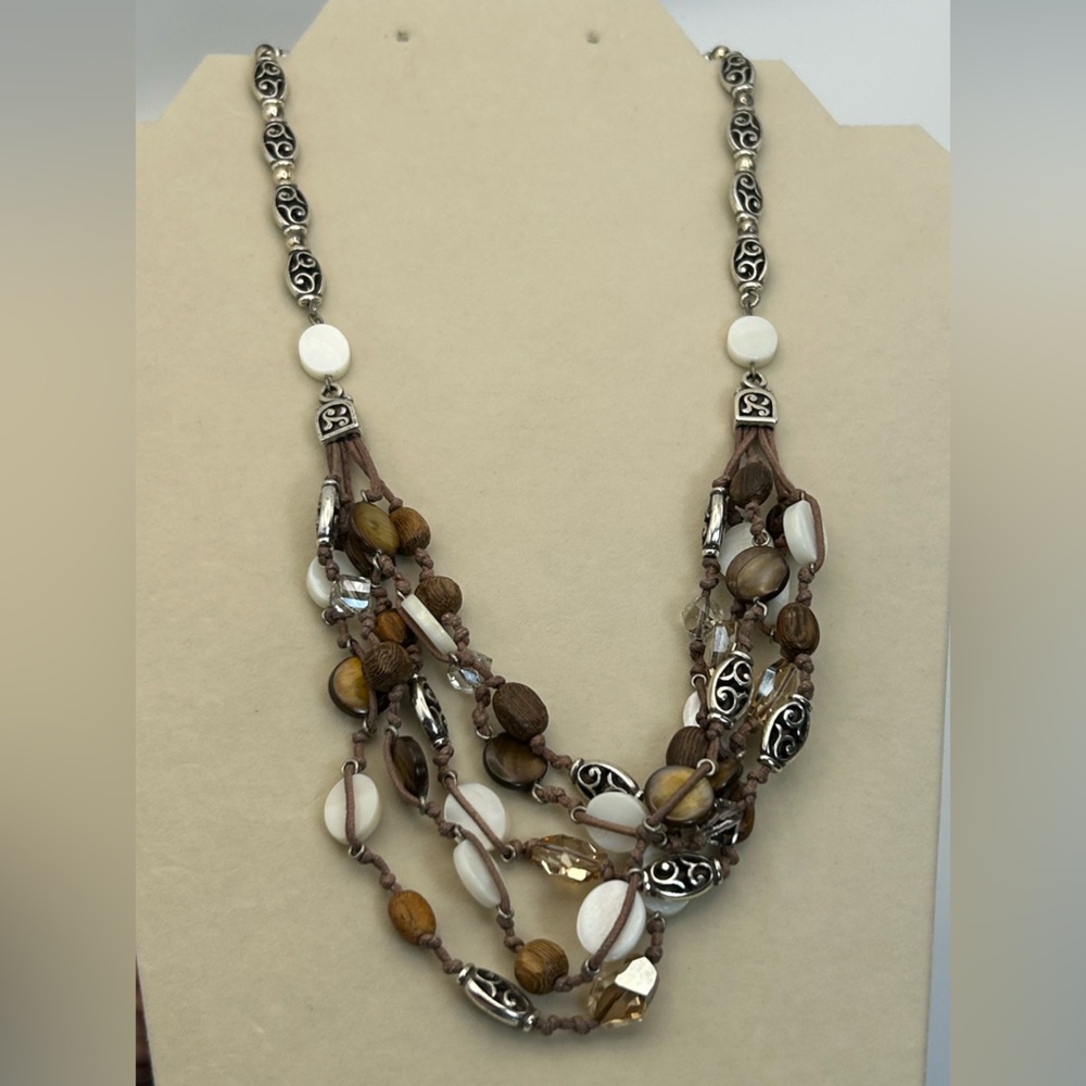 Brighton Riviera Necklace Multi-strand Silver Plated Brown Cord Beaded 18"